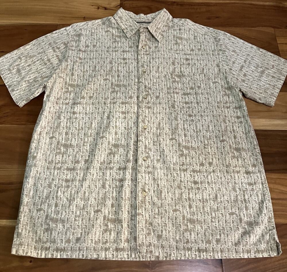 Vintage St. John's Bay Shirt Large Tan Fishing Outdoors Hawaiian Style Aztec Y2K